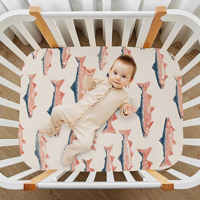 Sea Vintge Salmon Fish Crib Sheets Soft Breathable Fitted Baby Crib Sheets Mattress Cover for Girls Boys, 52" x 28" x 9"