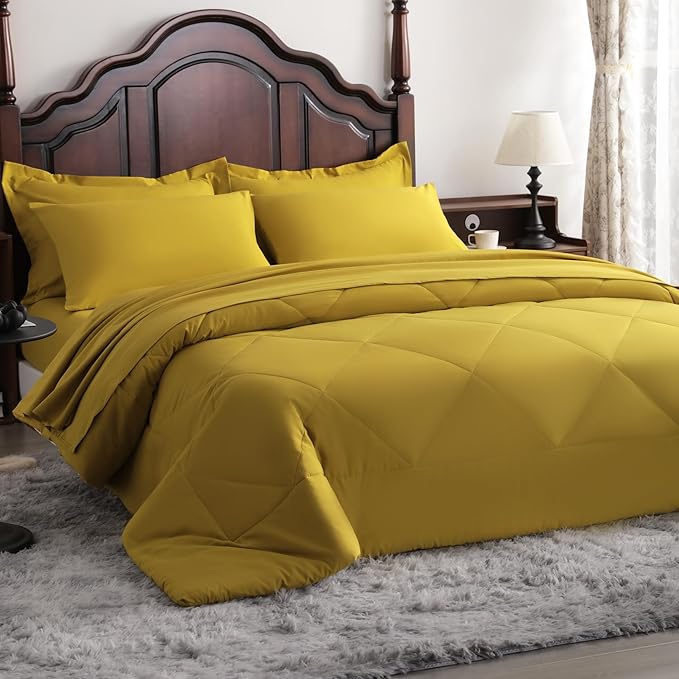 NTBAY Queen Comforter Set with Sheets, 7 Pieces Soft and Breathable Queen Bedding Set, Bed in a Bag, Down Alternative Comforter Set Solid Color All Season, Queen Bedding Set, Yellow