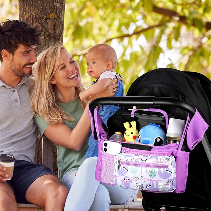 Universal Stroller Organizer with Insulated Cup Holders and Detachable Phone Bag,Stroller Caddy Fits for Stroller Accessories like Uppababy, Baby Jogger, Doona, Nuna Stroller (Purple Sloth)