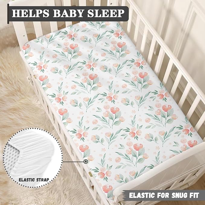 Floral Botanical Pattern Fitted Crib Sheet Pink Flower Baby Crib Sheet Fit Standard Crib and Toddler Mattress,Crib Mattress Sheets for Boys Girls 28"x52"