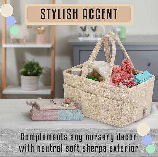 YelloIris Baby Diaper Caddy Organizer – Soft Beige Sherpa with 3 Removable Compartments & 6 Side Pockets – Perfect Nursery Storage Bin & Car Organizer for Diapers, Baby Wipes, and Essential Supplies.