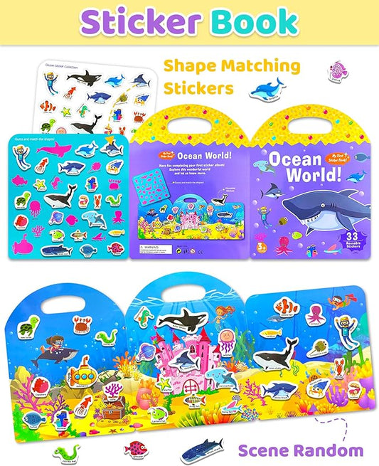 Benresive Reusable Sticker Books for Toddlers, Fun Travel Stickers for Kids, Toddler Sticker Book, Crafts Activities for Toddlers, 3 and Up Birthady Gifts - Ocean World