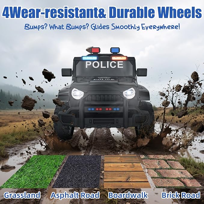 Ride on Police Car, 12V Kids' Electric Vehicles W/Parents Control, Ride on Toys for Toddlers with Music, Four-Wheels Suspension, USB, Headlights, Police Car