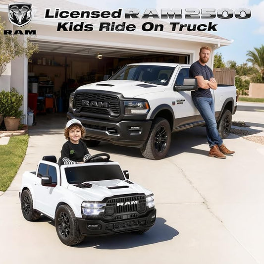 FUNTOK 24V 2 Seater Ride On Truck for Big Kids, Licensed RAM 2500 Kid's Electric Vehicles w/Remote Control, LED Light/Music/MP3/Bluetooth, Truck Bed Storage, Carry Wheels & Handle, Car for Kids 3-8
