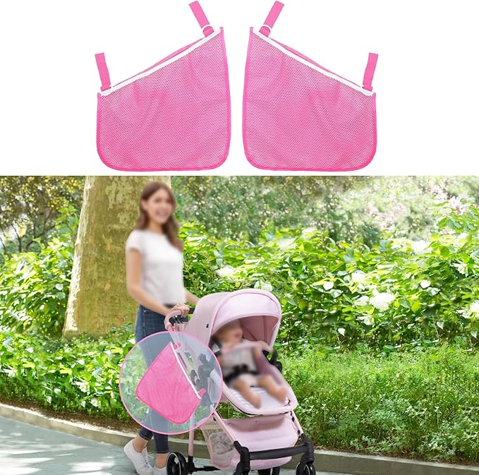 Peixiong 2 Pack Side Sling Cargo Stroller Net, Universal Stroller Organizer Bag, Non-Slip and Adjustable Straps Storage Mesh Cargo Net for Stroller Storage (Pink)
