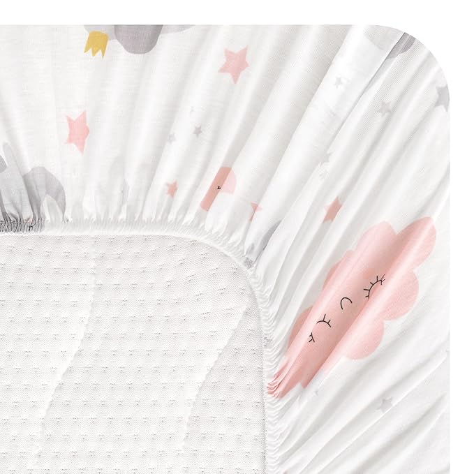 TILLYOU Baby Bassinet Sheets for Girls Boys, Fit for Hourglass Oval Rectangle Bassinet Mattress Sheets, 33”X16”, 2 Pack Elephant & Cloud Pink