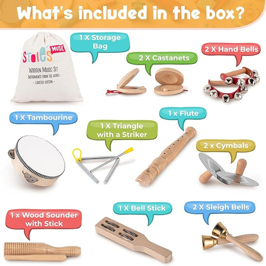 Stoie's Wooden Toddler Musical Instruments with Drum, Flute, Hand Bells, Cymbals, Castanets, Triangle, for Babies and Toddlers, Eco Friendly Montessori Educational Toy