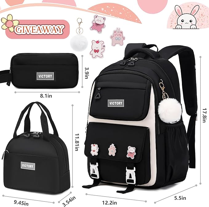 AO ALI VICTORY Backpack for Girls 3 PCS Cute School Backpacks Elementary Kids Book Bag with Lunch Box Pencil Case Set Laptop College Travel Back Pack Large Bookbags for Girl Teens Women Student Black