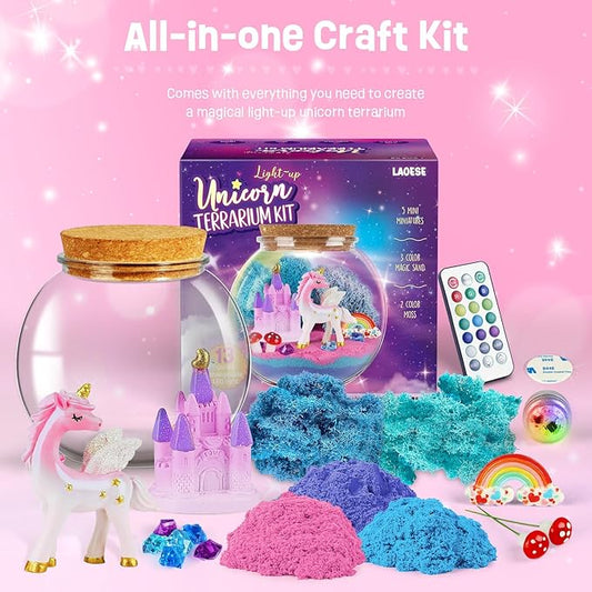 Unicorn Gifts for Girls - Light Up Terrarium Kit for Kids - DIY Unicorn Toys for Girls Age 4 5 6 7 8-12 Year Old, Arts and Crafts Kit for Kids, Christmas Halloween Birthday Gifts