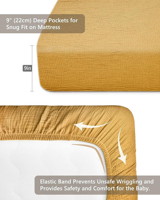 Crib Sheets for Boys Girl, Fitted Baby Toddler Bed Sheets 28" x 52", Neutral Muslin Cotton Crib Mattress Bedding Soft and Breathable Comfort (Mustard Yellow)
