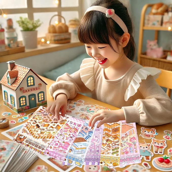 DIY 3D Sticker Scene, 6 Sets of Cute Miniature Isometric Stickers for Kids Adult Therapy Scenes Sticker Reuseable and Waterproof Stickers for Girl, Holiday & Christmas Fun