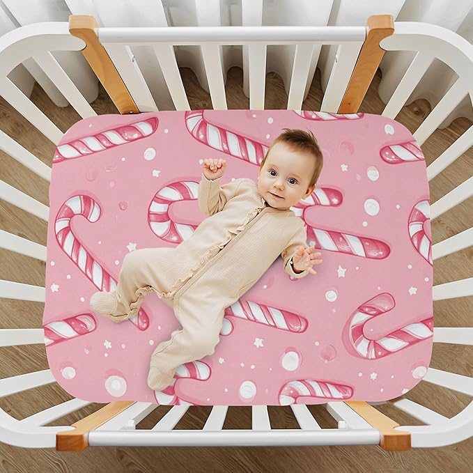 Christmas Pinks Candy Cane Crib Sheets Soft Breathable Fitted Baby Crib Sheets Mattress Cover for Girls Boys, 52" x 28" x 9"