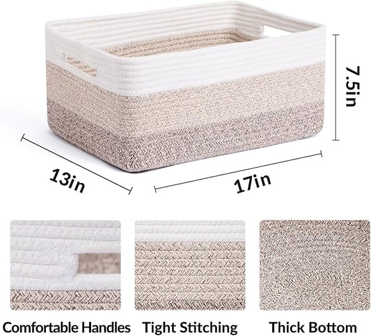 MiniArk Large Storage Baskets for Organizing, Closet Shelf Baskets for Clothes Blanket Towels, Baby Nursery, Toy Bins Box, Woven Rope Baskets, 17 x 13 x 7.5”, 4 Packs Gradient Brown