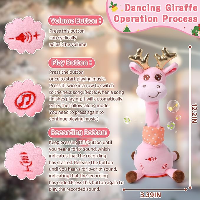 Dancing Talking Giraffe with Golden Antlers Toy, Stuffed Animal Baby Toy Repeating What You Say, Glowing Musical Electronic Giraffe with Golden Anlters Gifts for Toddlers 1-3 Years Old (Pink)