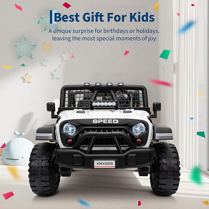 24V 2-Seater Kids Electric Truck with Parent Remote Control, 100Min Ride-on Car, 4WD Dual Motor, 2 Speeds, Spring Shock Absorber, LED Headlights, Siblings Gift Kids Electric Vehicle, White