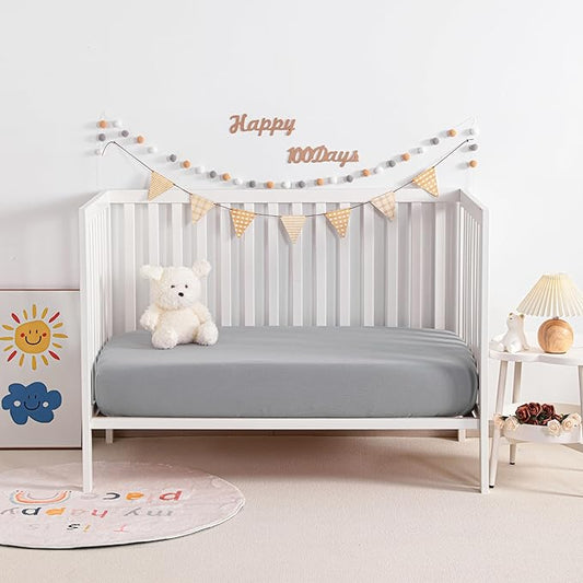 NTBAY 2 Pack Muslin Cotton Crib Sheets, Soft and Breathable Double Layer 28x52 Baby Crib Sheets for Standard Crib and Toddler Mattresses, Boys, Girls, Unisex, Grey, 28x52 Inches