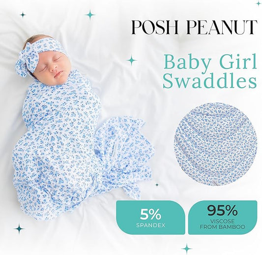 Posh Peanut Swaddle Blanket & Headband Set – Viscose from Bamboo Stretchy Baby Swaddle for Newborn Girls, Receiving Blanket or Nursing Cover
