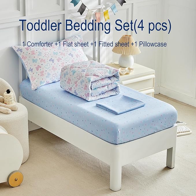 JHXHMX Butterfly Toddler Bedding Set for Girls,4 Pieces Bed-in-a-Bag Toddler Bed Set,Soft Crib Comforter Sheet Set Including Comforter,Fitted Sheet,Flat Sheet and Pillowcase-White