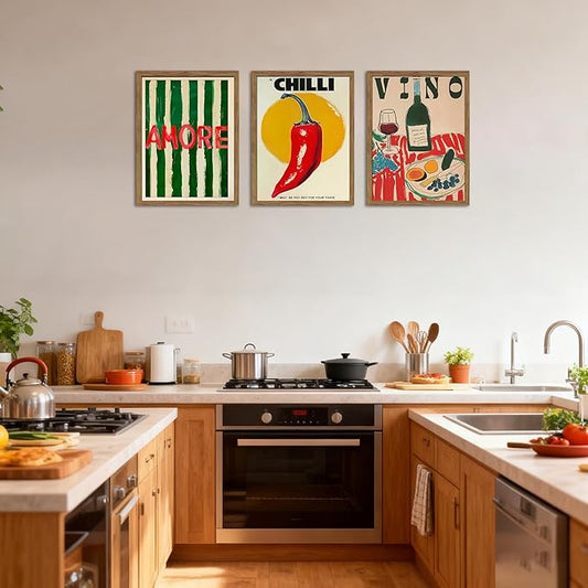 Framed Kitchen Wall Art Set of 3, Abstract Table Food Kitchen Wall Decor, Chilli Pictures Prints Artwork, Vintage Dining Room Canvas Painting, Modern Kitchen Home Decoration – 16x24 inch