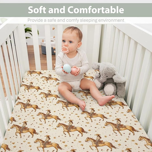 Retro Western Cowgirl Stars Baby Crib Sheets for Boy Girl 52"x28" Vintage Cowgirl Love Soft Stretchy Fitted Crib Mattress Cover Wild Desert Baby Sheet for Standard Crib and Toddler Bed Mattress