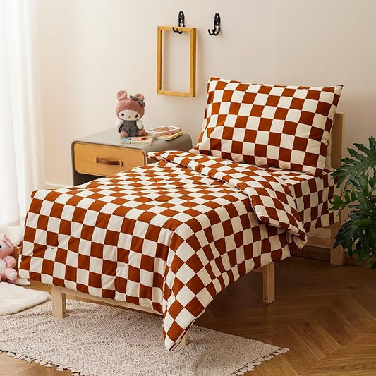 CLOTHKNOW 4 Pieces Plaid Toddler Bedding Sets for Boys, Brown Beige Bear Cartoon Pattern, Soft Crib Bed Set Including Comforter, Flat Sheet, Fitted Sheet and Pillowcase, Brown Beige