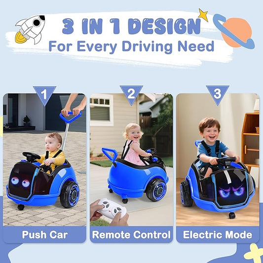 ANPABO 3-in-1 Electric Push Ride On Car, 12V Kids Ride On Toy w/Remote Control, 360° Spin, LED Display, 5-Point Safety Belt, Colorful LED Light, Music Player, Push Car for Toddler Ages 1-3 (Blue)