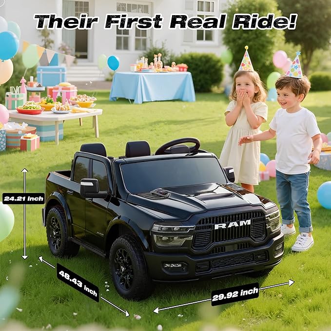 FUNTOK 24V 2 Seater Ride On Truck for Big Kids, Licensed RAM 2500 Kid's Electric Vehicles w/Remote Control, LED Light/Music/MP3/Bluetooth, Truck Bed Storage, Carry Wheels & Handle, Car for Kids 3-8