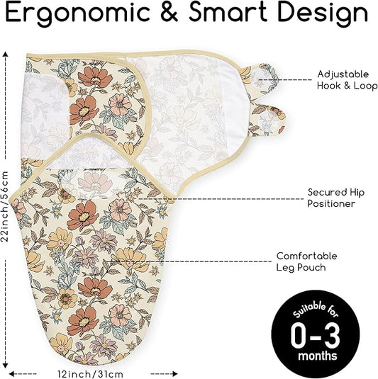 Baby Swaddles for Newborn Organic Cotton,Soft & Snug Newborn Velcro Swaddle 0-3 Months Sleep Sack Helps Calm Startle Reflex, 2-Pack Wrap Nursery Swaddling Blankets Retro Floral