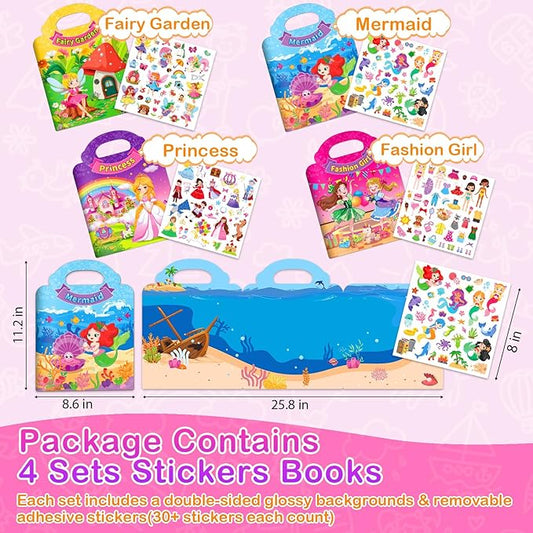 4 Sets Reusable Sticker Books for Toddler, Dress Up Stickers Book for Girls, Arts Crafts Jelly Stickers Travel Toys, Birthday and Christmas Gifts for Kids 3 4 5 6, Princess, Mermaid, Fairy Tale