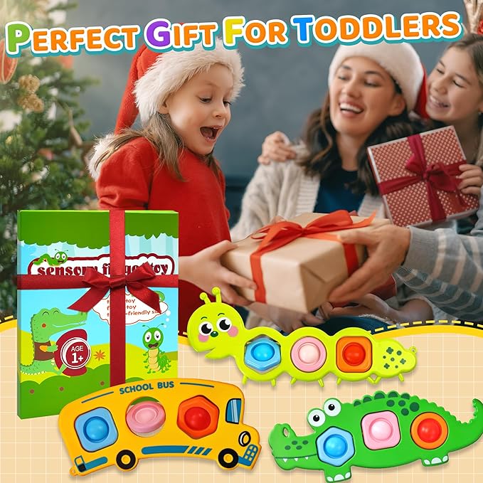 Christmas Stocking Stuffer 3PC Fidget Popper Sensory Toys for Toddlers Girls, Boys Gifts Goodie Bags Airplane Travel Activities Pop it Fidget Toys Valentine Day for 12+ Month Babies 1 2 3 Year Old