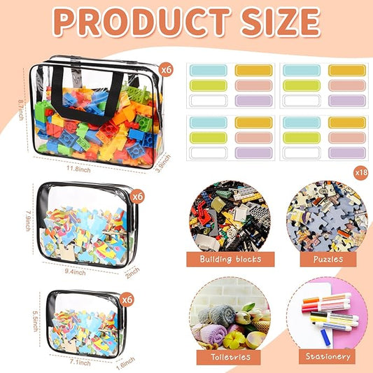 18 Packs Toy Storage Bags with Labels, Clear PVC Puzzle Storage Bags, Waterproof Travel Toy Organizer Bags with Zipper for Building Blocks Kids Books (3 Size)
