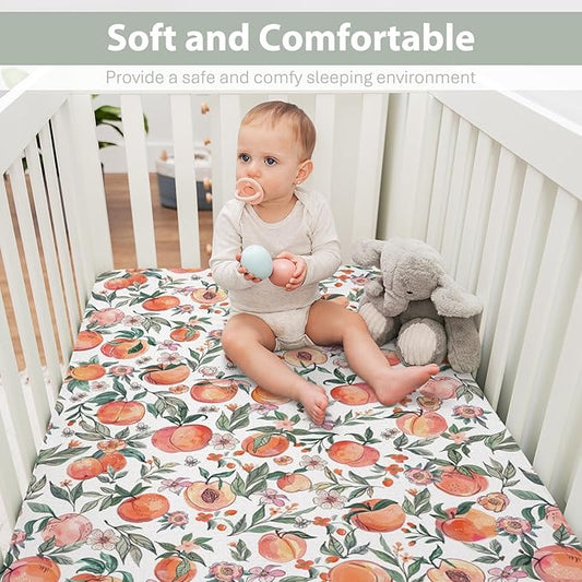 Vintage Peaches Baby Crib Sheets for Boy Girl 52x28Inch Retro Peach Flowers Leaves Soft Snug Fitted Crib Mattress Cover Sweet Spring Summer Fruit Nursery Baby Sheet for Crib & Toddler Bed Mattress