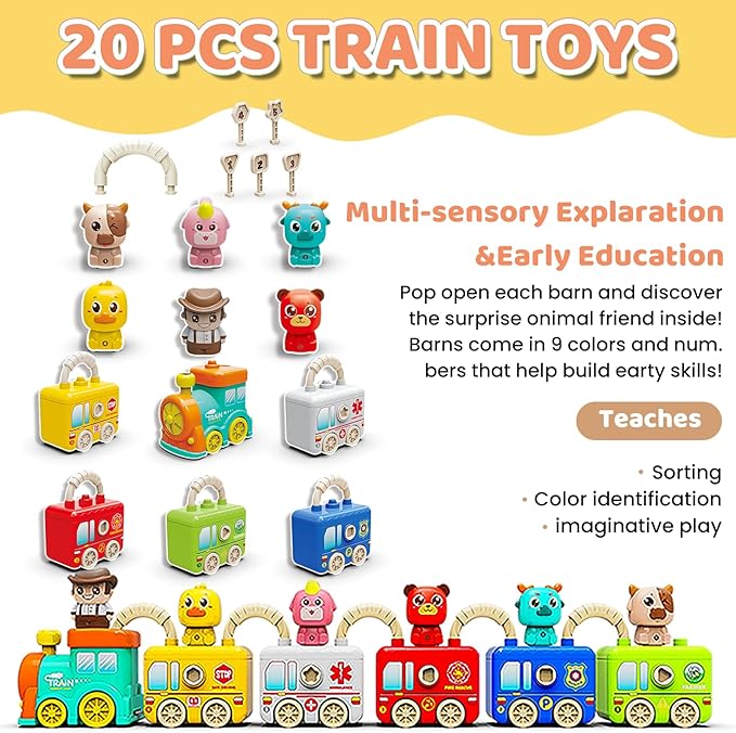 Toddler Learning Toys for 2 3 4 Year Old - Counting Matching & Sorting Activity Montessori Train Set with Vehicle Transportation,Farm Animals, Keys to Lock and Unlock Carriage,Christmas Birthday Gift