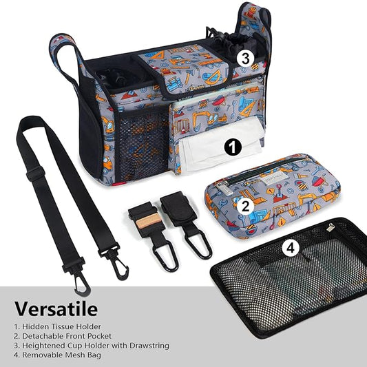 TOPDesign Universal Baby Stroller Organizer, Stroller Caddy with Detachable Mesh Bag & Heightened Insulated Cup Holders & Non-Slip Secure Hooks Accessories, Fits Most Strollers (Construction Trucks)