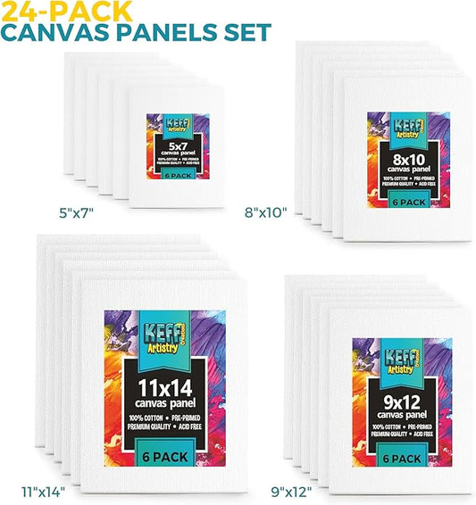 KEFF 24-Pack Canvas for Painting, 6 of 5x7, 8x10, 9x12,11x14 Painting Canvas Boards, Art Supplies for Adults & Kids - 100% Cotton Primed Canvases for Painting Acrylic, Oil, Watercolor, Tempera