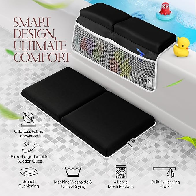 Baby Bath Kneeler & Elbow Rest Pad Set | Extra Thick 1.5” Foam That Relieves Knee & Elbow Pressure | Non-Slip Suction Stability | Machine Washable, Quick-Dry | Brush & Washcloth Gift Included