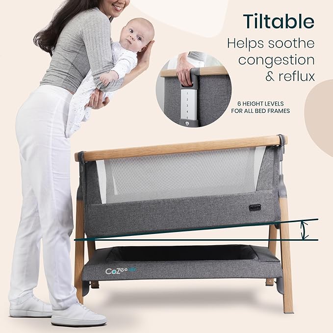 Tutti Bambini CoZee® Air Baby Bassinet & Bedside Sleeper - Rocking Bassinet for Baby, Fast-Folding with Travel Bag, Deluxe Airflow Mattress & 6 Mattress Heights, 0-6 Months (Oak & Charcoal)