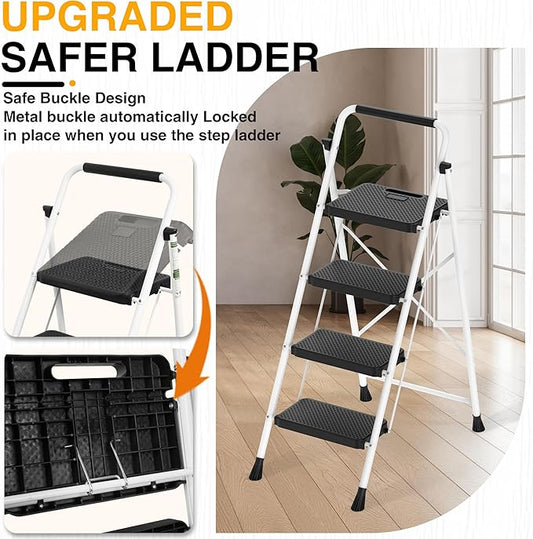 4 Step Ladder, Portable Steel Folding Step Stool with Wide Anti-Slip Pedal & Convenient Handgrip, 500lbs Sturdy Steel Ladder, White