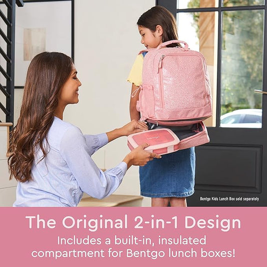 Bentgo Kids 2-in-1 Backpack & Insulated Lunch Bag - Glitter Designed 16” Backpack for School & Travel - Durable, Water Resistant, Padded, & Large Compartments (Glitter Edition - Petal Pink)