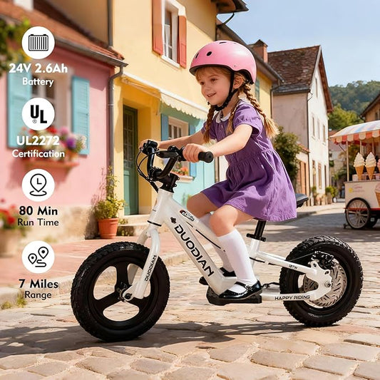 Electric Balance Bike for Kids Ages 3–6, 12-Inch Tires, 180W Peak Motor, 24V/2.6Ah, Adjustable Seat, Large Disc Brake,Up to 7 Miles, Electric Bike for Kids Boys & Girls
