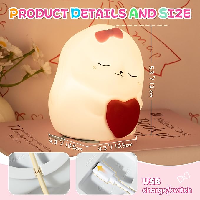 loatme Night Light for Kids, Rechargeable Dimmable Silicone LED Nightlight with 7 Colors, Baby Nursery Night Lamp, Touch Squishy Lamp, Cute Gifts for Girls, Boys, Toddler Room Decor, Rabbit
