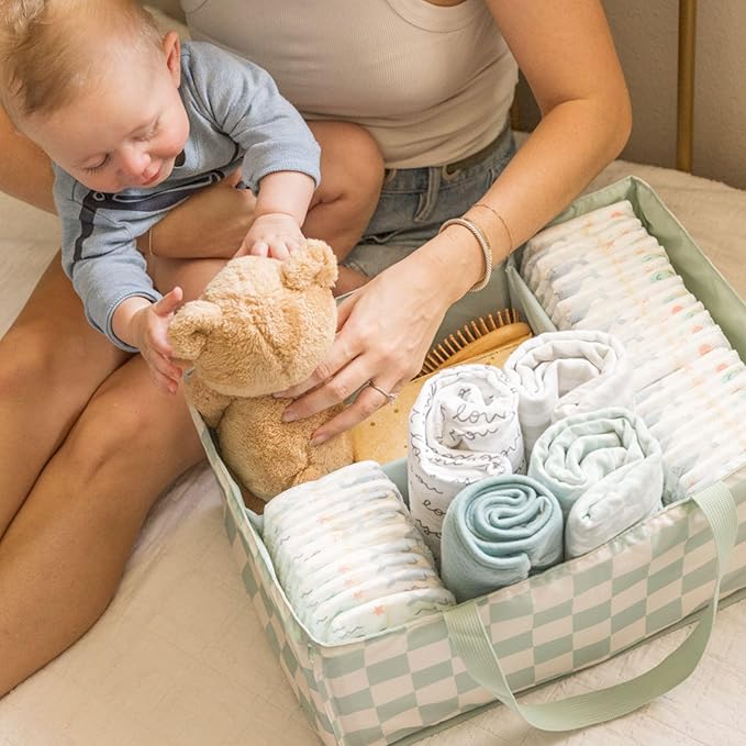 Tiny Twinkle Diaper Caddy Organizer | Foldable Baby Storage Basket with Removable Divider | Waterproof & Mess-Proof Fabric, Portable Nursery Organizer for Newborn Essentials (Sage Checkers)