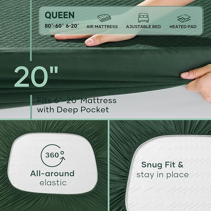 OhGeni 100% Waterproof Mattress Protector,Queen Size Mattress Soft Pad,Hair & Bedwetting Resistant,Cooling Breathable Fitted Sheets,Washable Bed Cover,Non-Slip Deep Pocket,Noiseless for Bedroom,Green