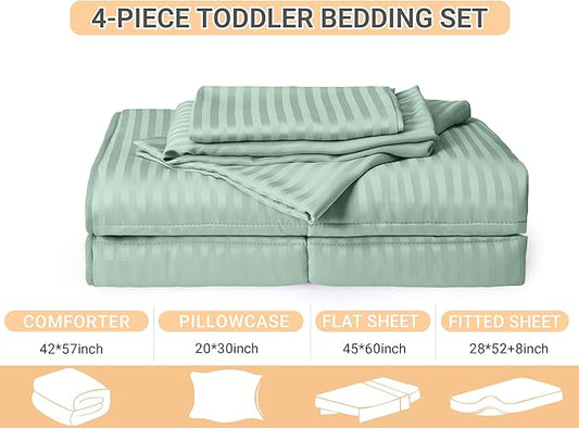 ZPECC Toddler Bedding Set - 4 Piece Hypoallergenic Baby Crib Bedding Set for Boys and Girls, Includes Toddler Comforter, Flat Sheet, Fitted Sheet and Pillowcase, Green Stripe