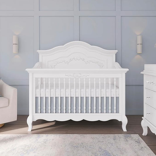 évolur Aurora 5-in-1 Convertible Full-Size Baby Crib in Frost White, GreenGuard Gold & JPMA, 3 Levels, Ribbon Bow Scrollwork & Queen Anne Feet, Converts to Toddler, Day & Full-Size Bed (Rails to Buy)