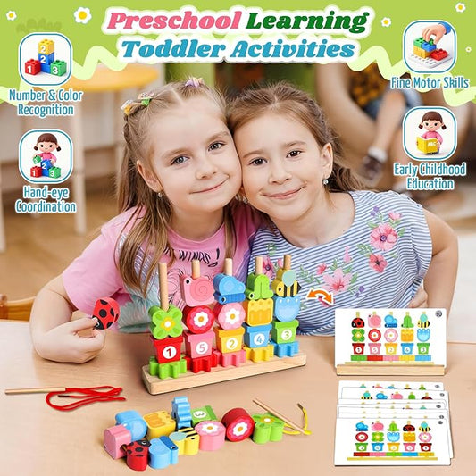 Toys for 2 3 4 Year Old Girl Boy, Wooden Montessori Toys for Ages 2-4 Toddler, Birthday Gifts for Girls Age 2 3 Stacking Blocks & Lacing Beads Sequence for Kids, Toddlers Preschool Learning Activities