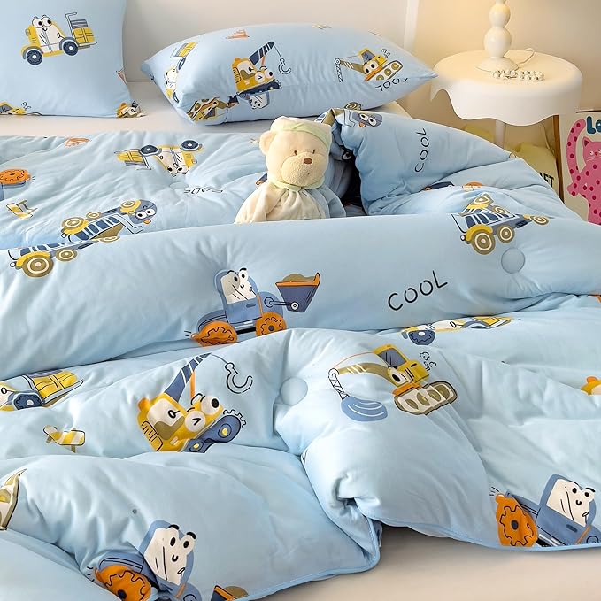 3PCS Comforter Twin Size Bed Set, Ultra Soft Marshmallow Fluffy Comforter Sets, Cute Bedding Set for Kids Boys Teen, Microfiber Lightweight All Seasons Bedroom (Truck)