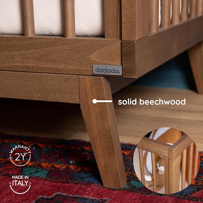 dadada Baby Soho 3-in-1 Convertible Wooden Crib to Toddler Bed - Made in Italy, GREENGUARD Gold Certified, Baby-Safe Finish, Handcrafted Beechwood, Modern Design, 3 Adjustable Heights (Walnut)