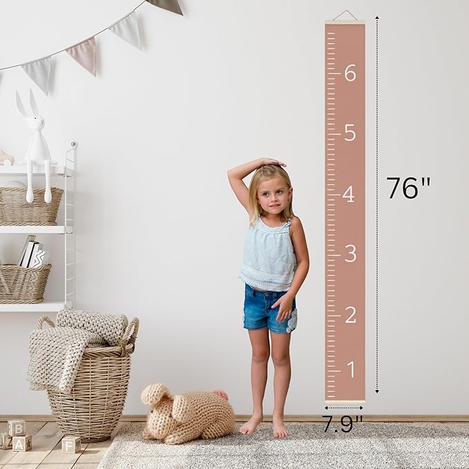 Morxy Canvas Growth Chart for Kids - Unisex Kids Room Wall Decor - Measuring Height Chart- Wall Tape with Height Chart for Kids (Canvas, Plain Rose Pink)
