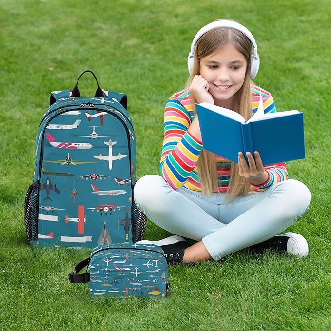 Jucciaco Airplane Plane and Aircraft Backpack with Lunch Bag, School Travel Backpack for Teens Boys Girls Kids Backpacks Set